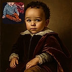 A wide-eyed toddler with curly hair sits on a dark surface, dressed in a checkered shirt and brown pants, looking curiously at the camera with a colorful leopard-print blanket in the background.