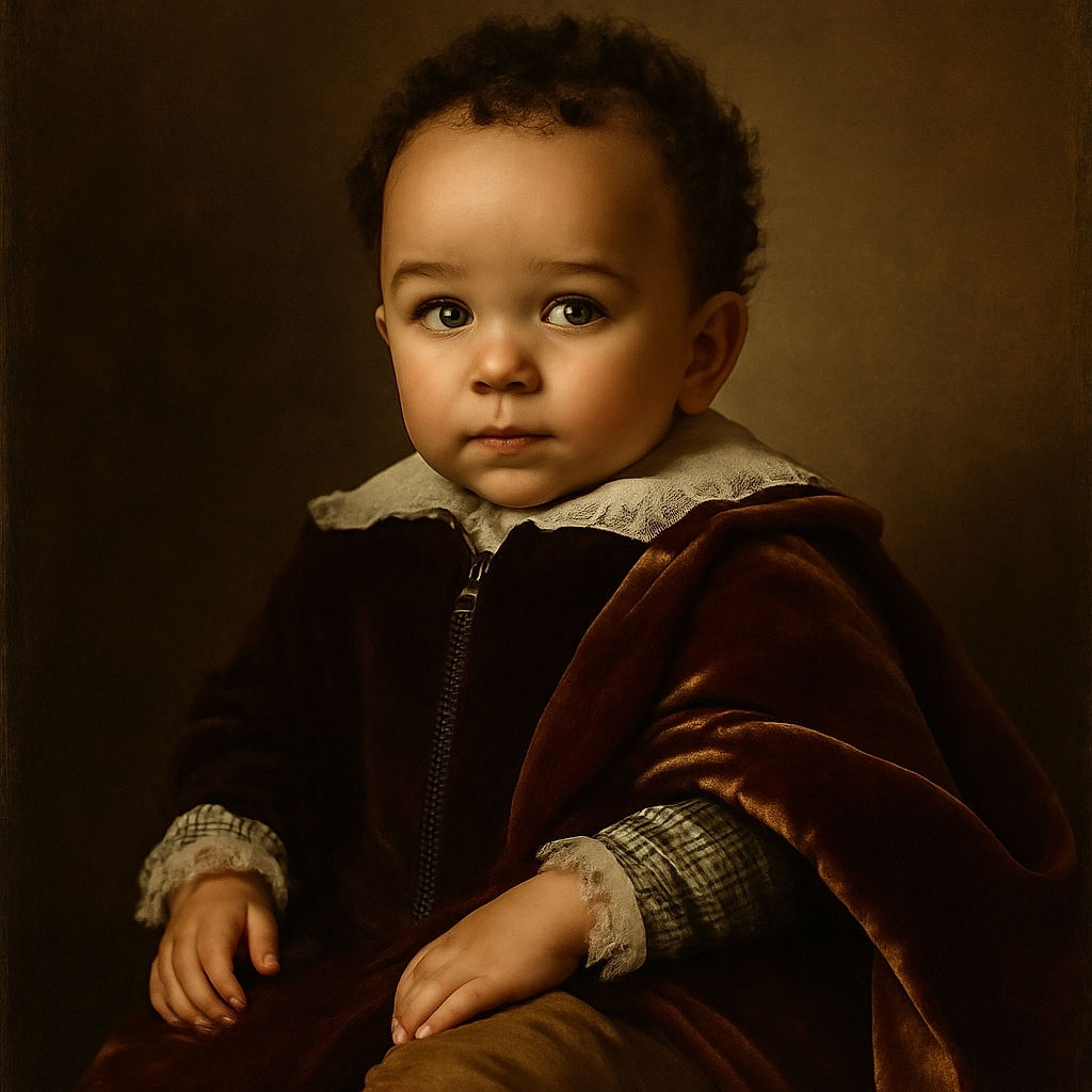 A wide-eyed toddler with curly hair sits on a dark surface, dressed in a checkered shirt and brown pants, looking curiously at the camera with a colorful leopard-print blanket in the background.