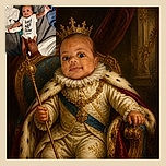A wide-eyed baby lies on a cozy bed, proudly modeling a “best gift ever” outfit while an adult hand provides a little leg support—clearly the tiniest celebrity in a very soft studio setup.