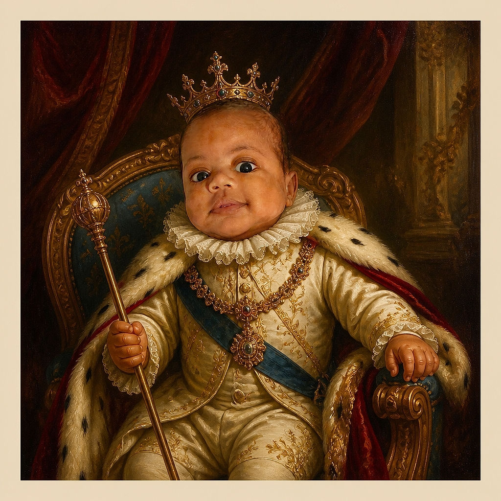 A wide-eyed baby lies on a cozy bed, proudly modeling a “best gift ever” outfit while an adult hand provides a little leg support—clearly the tiniest celebrity in a very soft studio setup.
