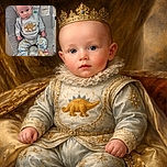 An adorable baby wearing a dinosaur-themed outfit sits comfortably in a baby bouncer, looking curiously at the camera with wide eyes and a slightly puckered mouth, surrounded by soft, cozy textures and playful patterns.