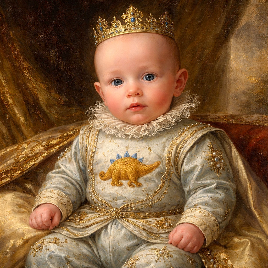 An adorable baby wearing a dinosaur-themed outfit sits comfortably in a baby bouncer, looking curiously at the camera with wide eyes and a slightly puckered mouth, surrounded by soft, cozy textures and playful patterns.