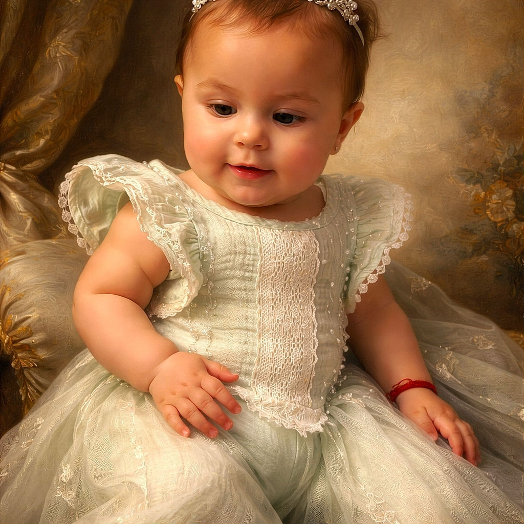 A chubby-cheeked baby sitting comfortably on a soft couch, wearing a cute light-colored outfit and quirky round sunglasses perched on the head, looking down with a sweet smile as if pondering the mysteries of the universe.