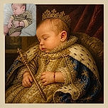 A sleepy baby is snoozing like a tiny leopard royalty, curled up on a fluffy white blanket in a wonderfully cozy portrait. The little earring and red bracelet add unexpected superstar accessories to this very serious nap session.