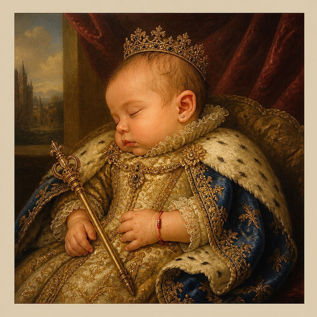 A sleepy baby is snoozing like a tiny leopard royalty, curled up on a fluffy white blanket in a wonderfully cozy portrait. The little earring and red bracelet add unexpected superstar accessories to this very serious nap session.