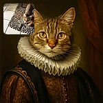 A curious tabby cat with big green eyes looks up inquisitively while standing on a patterned animal-print rug, surrounded by white tiled floor and a wooden chair leg.