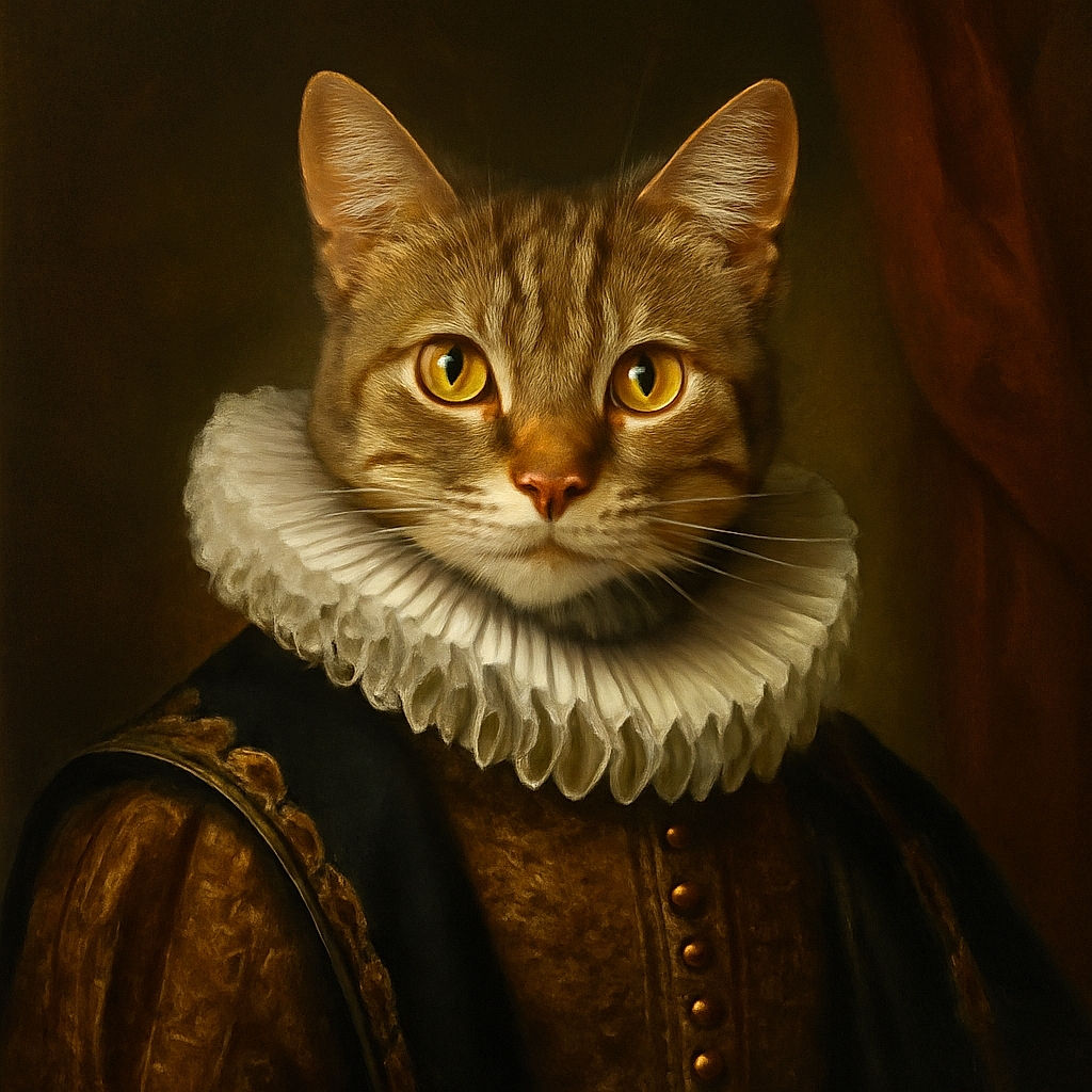 A curious tabby cat with big green eyes looks up inquisitively while standing on a patterned animal-print rug, surrounded by white tiled floor and a wooden chair leg.