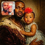 A warm selfie of a man holding a young child adorned with a bright red flower headband, both looking towards the camera with a softly lit background featuring a door and a glowing lamp.