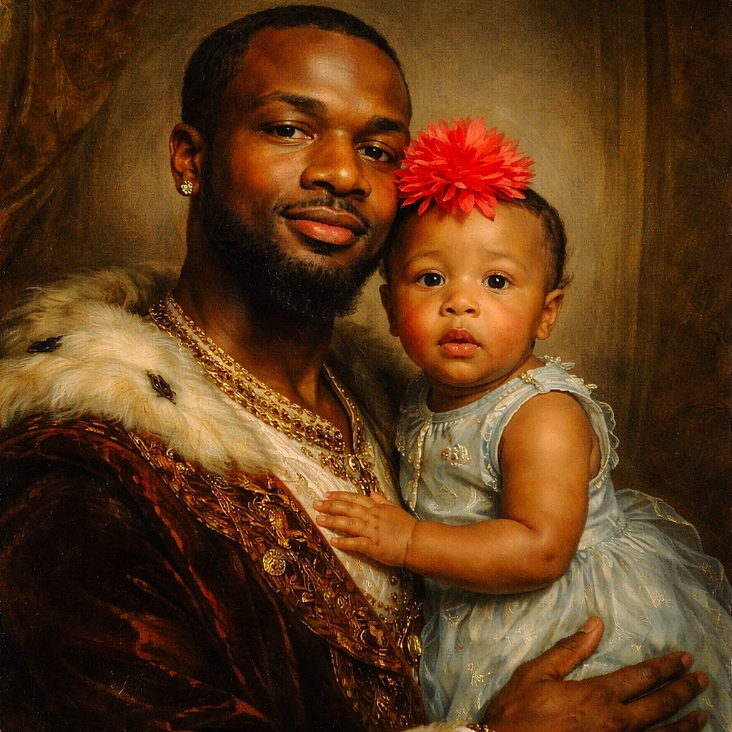 A warm selfie of a man holding a young child adorned with a bright red flower headband, both looking towards the camera with a softly lit background featuring a door and a glowing lamp.