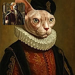 A regal dog dressed in an opulent royal outfit, complete with a crown and scepter, stands proudly in a grand palace hall. The dog's dignified expression contrasts humorously with the luxurious 18th-century aristocratic attire, while a painting of a roasted chicken hangs in the background. Elegant chandeliers and ornate columns add to the majestic atmosphere, with a fancy French text overlay at the bottom adding a noble yet whimsical touch.