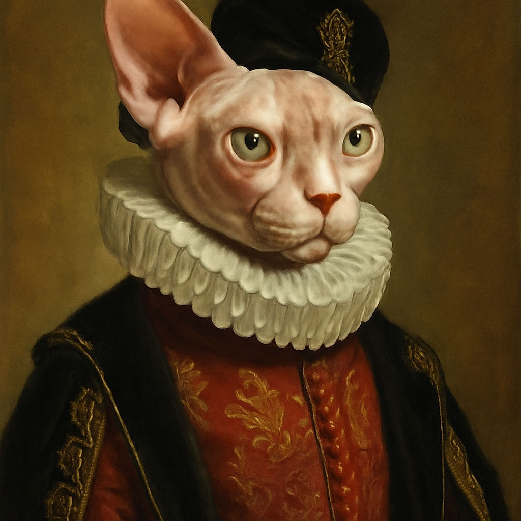 A regal dog dressed in an opulent royal outfit, complete with a crown and scepter, stands proudly in a grand palace hall. The dog's dignified expression contrasts humorously with the luxurious 18th-century aristocratic attire, while a painting of a roasted chicken hangs in the background. Elegant chandeliers and ornate columns add to the majestic atmosphere, with a fancy French text overlay at the bottom adding a noble yet whimsical touch.