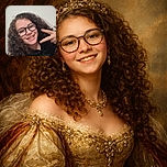 A cheerful young person with curly hair and glasses flashes a peace sign, smiling brightly against a plain light-colored wall, radiating casual and friendly vibes.