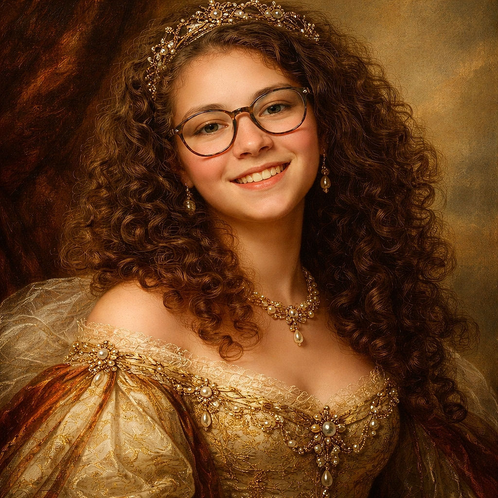 A cheerful young person with curly hair and glasses flashes a peace sign, smiling brightly against a plain light-colored wall, radiating casual and friendly vibes.