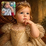 A thoughtful toddler with rosy cheeks sits in a bright red chair, draped in a playful cartoon-themed cape, seemingly deep in contemplation at a colorful and cheerful indoor play area or salon.
