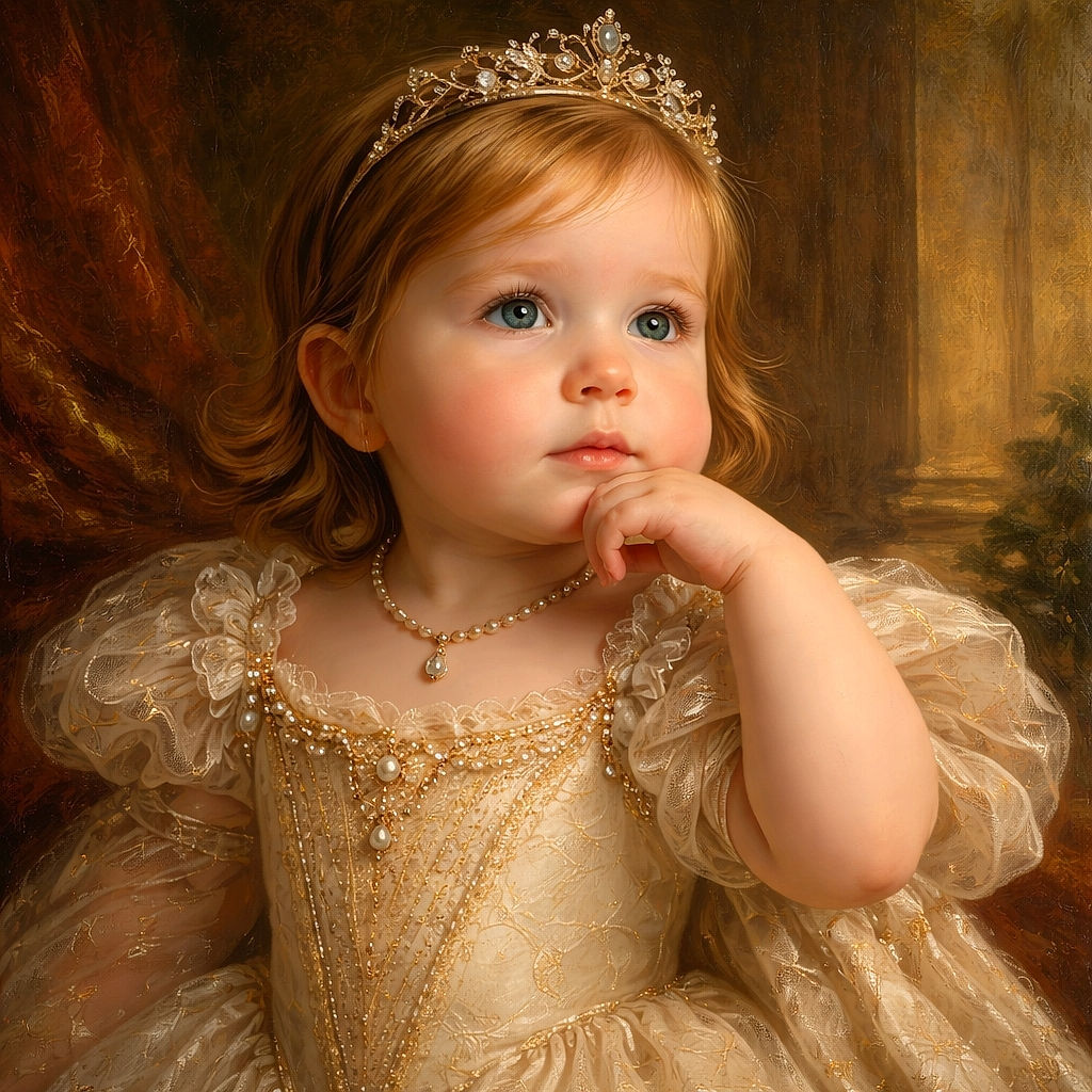 A thoughtful toddler with rosy cheeks sits in a bright red chair, draped in a playful cartoon-themed cape, seemingly deep in contemplation at a colorful and cheerful indoor play area or salon.