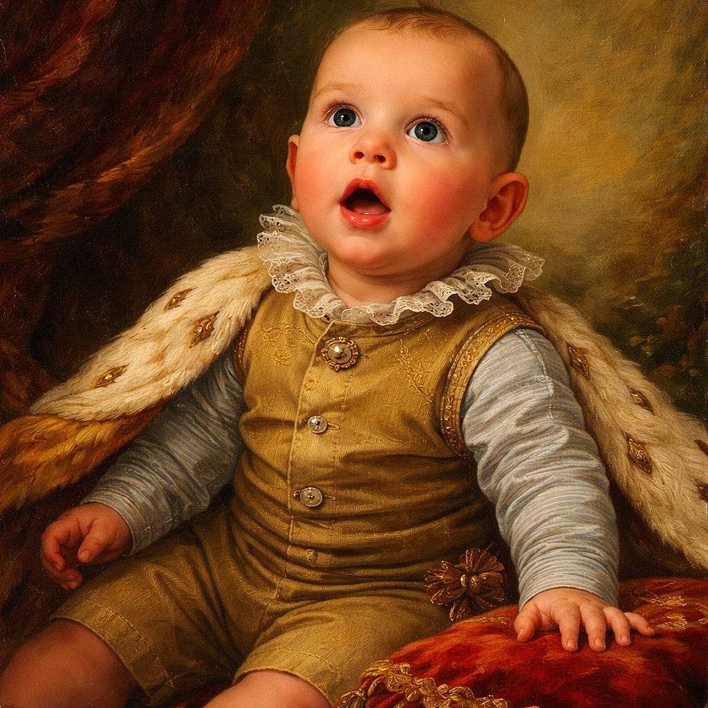 An adorable baby with wide, curious eyes sits on a textured beige couch, dressed in a cute brown outfit with striped sleeves, looking up in wonder as an adult stands nearby in the background.