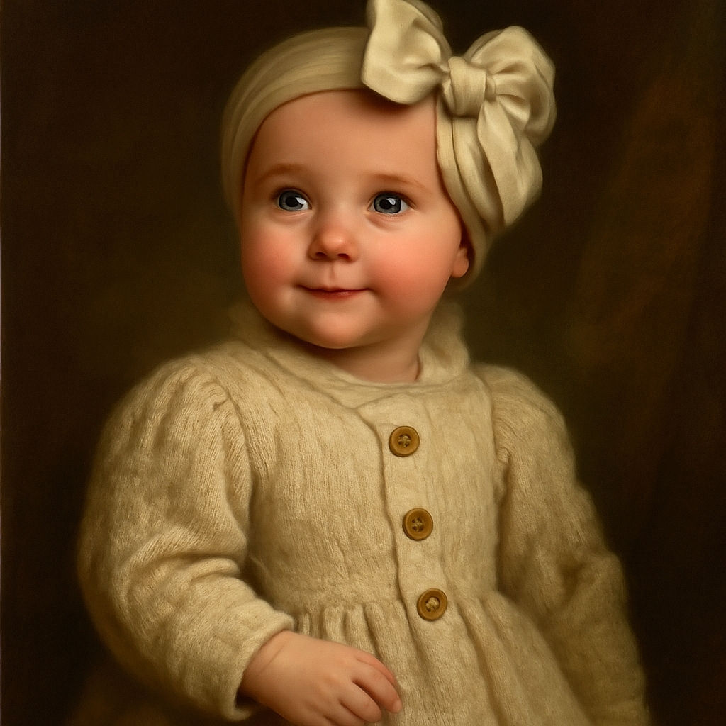 A charming baby wearing a cozy cream knit sweater and a large bow headband lies comfortably on a textured surface next to a vibrant bouquet of red roses and greenery, looking off to the side with curious, sparkling eyes.