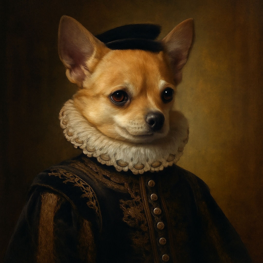 A small, attentive dog with big, expressive eyes and perky ears sits gracefully on the back of a couch, looking slightly to the side as if pondering the mysteries of the universe or just waiting for a treat.