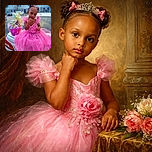 A charming little girl dressed like a princess in a poofy pink dress sits on the back of a car, striking a thoughtful pose with her hand under her chin. Behind her, a colorful gift basket wrapped in shiny cellophane adds a festive touch, while the blurred background of a neighborhood gives a casual, everyday vibe to this cute moment.