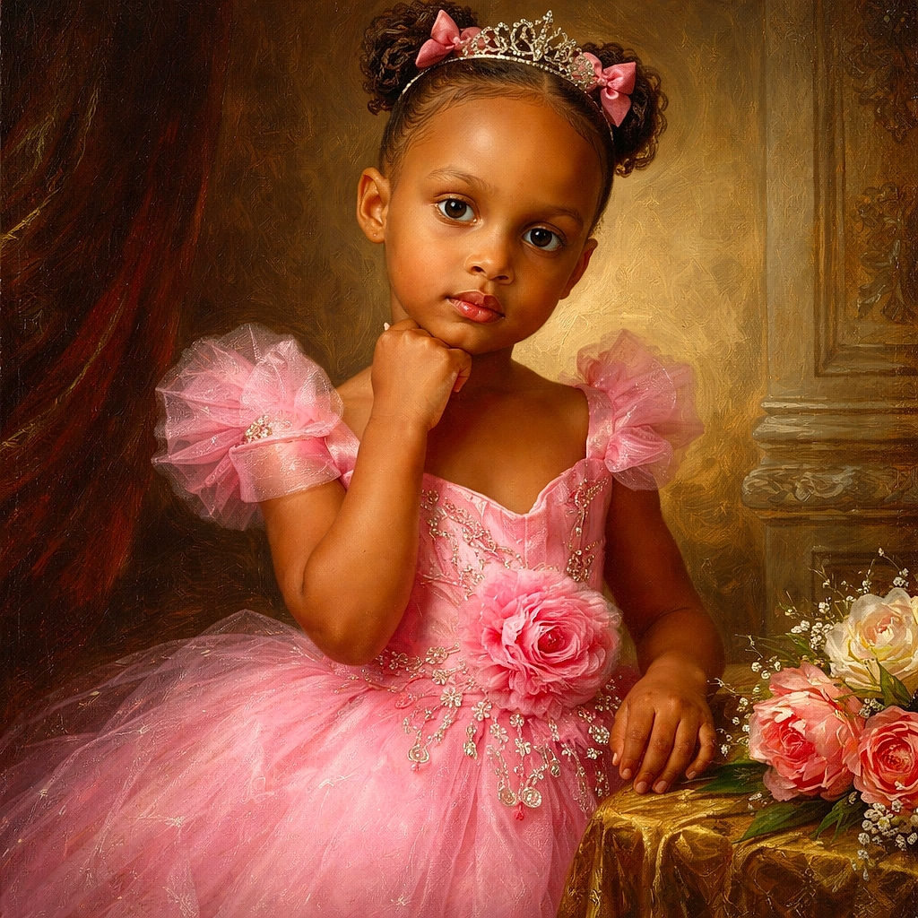 A charming little girl dressed like a princess in a poofy pink dress sits on the back of a car, striking a thoughtful pose with her hand under her chin. Behind her, a colorful gift basket wrapped in shiny cellophane adds a festive touch, while the blurred background of a neighborhood gives a casual, everyday vibe to this cute moment.