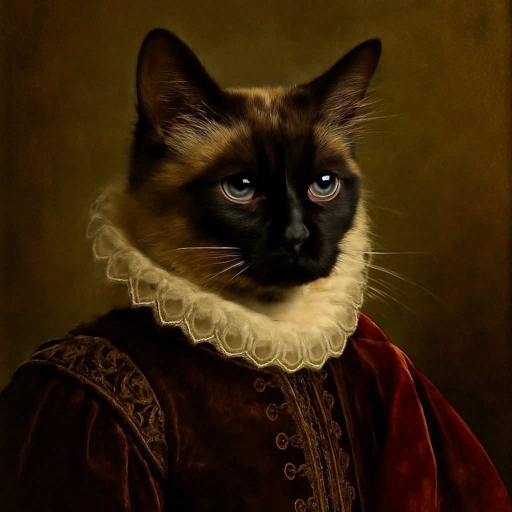 A slightly blurry photo of a fluffy Siamese cat with striking blue eyes resting on a striped fabric surface, with a cluttered background that includes patterned blankets and household items.