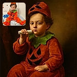 A cute toddler dressed as a pumpkin sits on a changing pad, holding a white object near their mouth, with a playful and curious expression. The background is simple with star and balloon wall decals adding a whimsical touch.