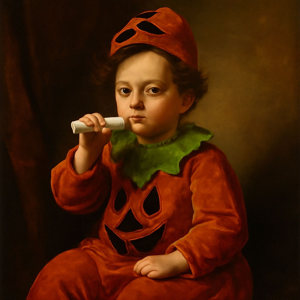 A cute toddler dressed as a pumpkin sits on a changing pad, holding a white object near their mouth, with a playful and curious expression. The background is simple with star and balloon wall decals adding a whimsical touch.