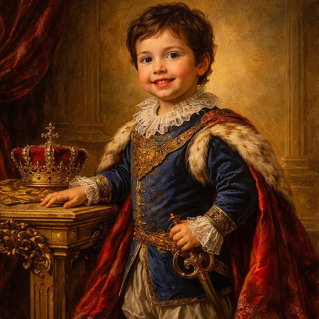 A cheerful young boy with a colorful backpack stands by a round wooden table, holding a small toy and a white cup, ready for an adventure or maybe just a snack break in a cozy room with wooden doors and simple furniture.