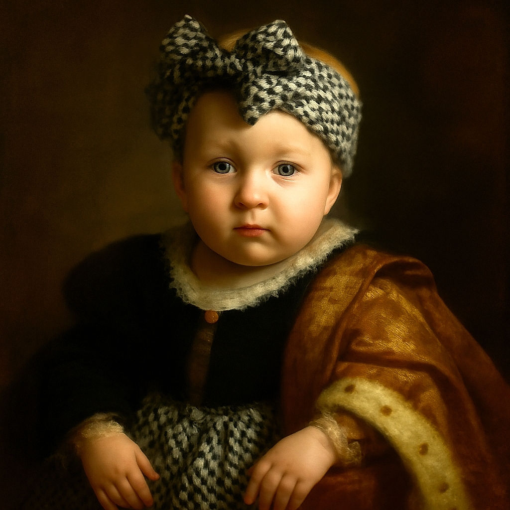 A curious baby dressed in a chic black and white houndstooth outfit with a matching big bow headband crawls on a soft fluffy carpet, surrounded by cozy woven pumpkins, looking like the tiniest autumn explorer.