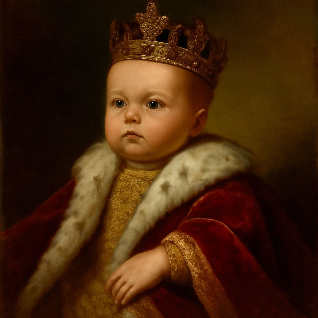 A close-up photo of a baby wrapped in a colorful blanket, gazing upward with a curious and calm expression. The background is soft and neutral, focusing all attention on the baby's delicate features and the cozy fabric.