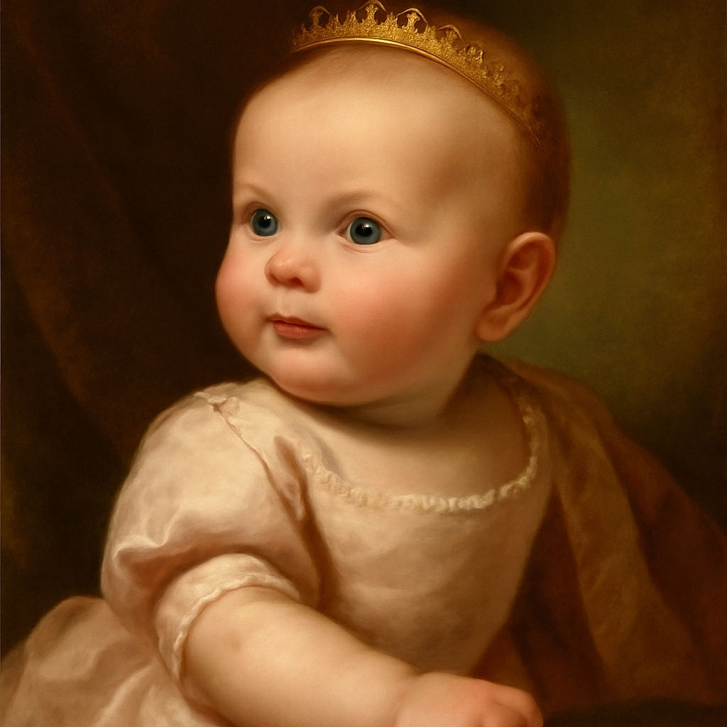 A close-up photo of a curious baby with bright blue eyes, lying on a colorful blanket, with a soft-focus background and a hand holding a bottle in the back.