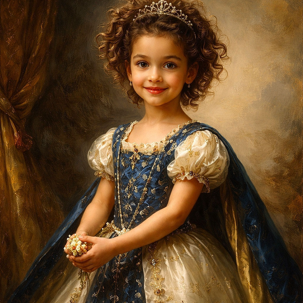 A wind-tousled child in a navy polka-dot dress runs toward the camera on a wet sandy beach, holding out a small object like a tiny treasure. Her hair is doing its own weather report, the shoreline and soft waves blur into the background, and the image feels like a candid phone snap with app UI black bars at top and bottom.