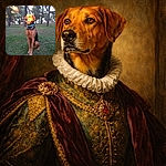 A dignified dog with a shiny blue collar sits attentively on a grassy forest floor, bathed in the warm golden light of the setting sun filtering through tall pine trees.