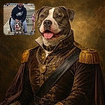 A grin-first pitbull steals the spotlight, sitting proudly between the owner's legs on a park bench — tongue out, harness snug, and eyes begging for snacks while the bearded man in a hoodie smiles behind him; parking lot, mountains, and a stray iced coffee cup complete the scene.