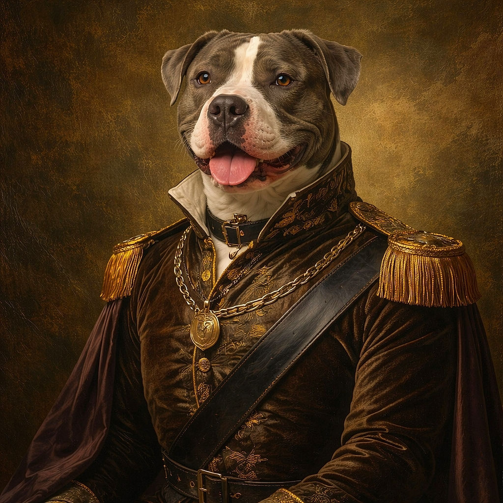 A grin-first pitbull steals the spotlight, sitting proudly between the owner's legs on a park bench — tongue out, harness snug, and eyes begging for snacks while the bearded man in a hoodie smiles behind him; parking lot, mountains, and a stray iced coffee cup complete the scene.