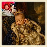 A peacefully sleeping newborn shares a bright red pillow with a fashionably dressed doll, as if the tiny nap champion has recruited a plastic babysitter for backup duty.