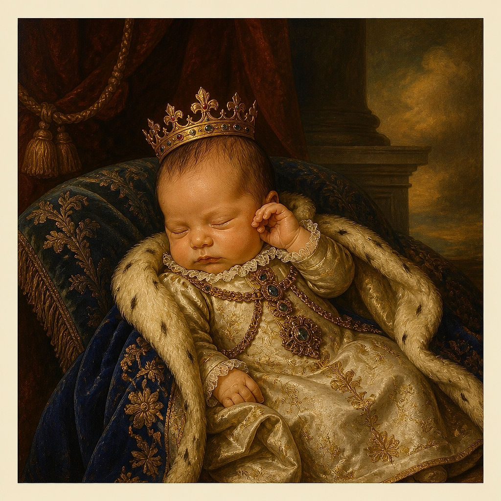 A peacefully sleeping newborn shares a bright red pillow with a fashionably dressed doll, as if the tiny nap champion has recruited a plastic babysitter for backup duty.