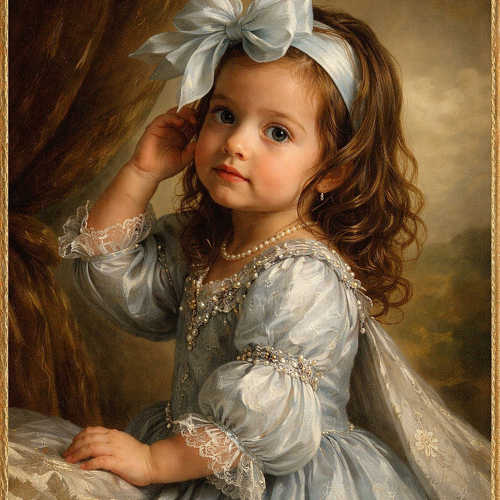 A curious little girl with a big bow on her head stands by a vanity table, caught mid-glance as if she's about to discover a secret beauty tip. The soft focus background and warm lighting add a cozy charm to this candid moment.