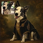 A cheerful border collie sits proudly for a close-up portrait, flashing a huge goofy grin and bright mismatched-looking eyes as if it has just been promoted to Chief Happiness Officer. Mountains, greenery, a sunny patio, and a patterned curtain complete the relaxed outdoor scene.