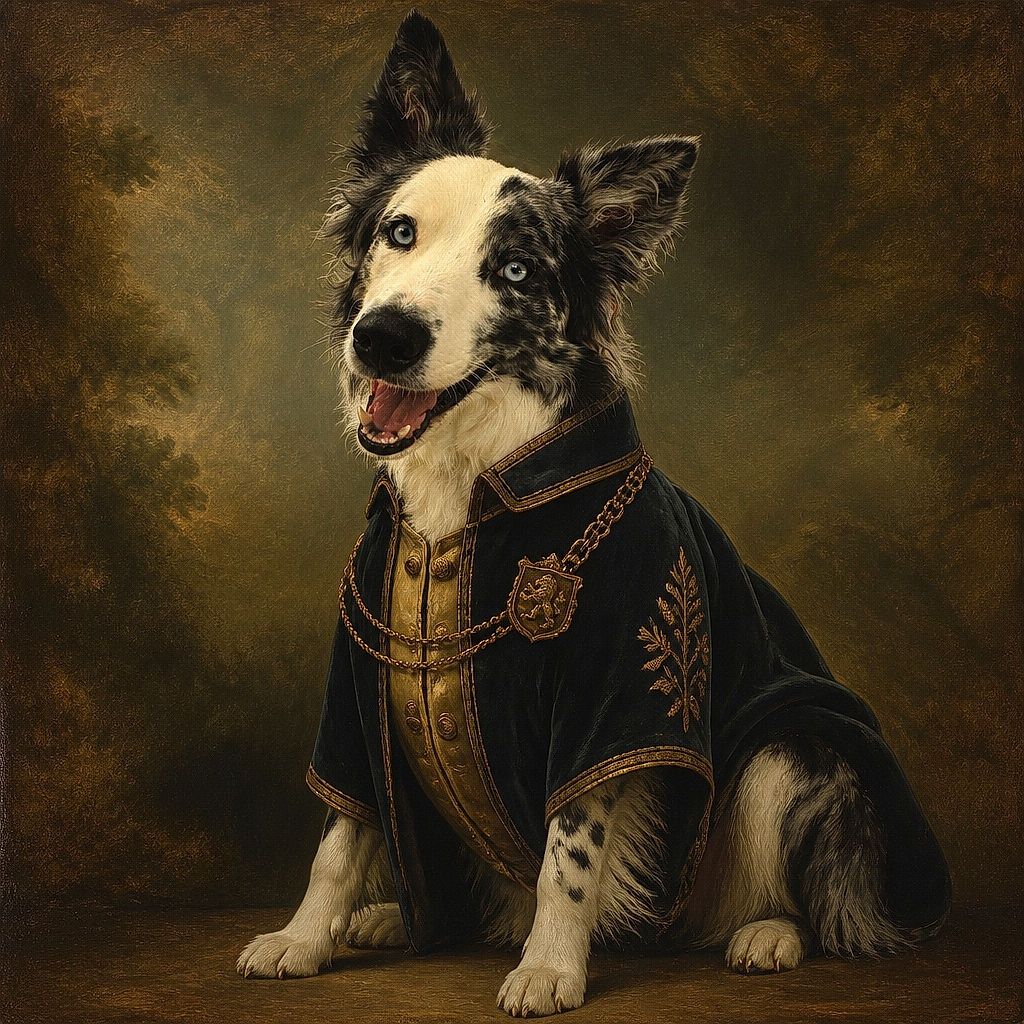 A cheerful border collie sits proudly for a close-up portrait, flashing a huge goofy grin and bright mismatched-looking eyes as if it has just been promoted to Chief Happiness Officer. Mountains, greenery, a sunny patio, and a patterned curtain complete the relaxed outdoor scene.