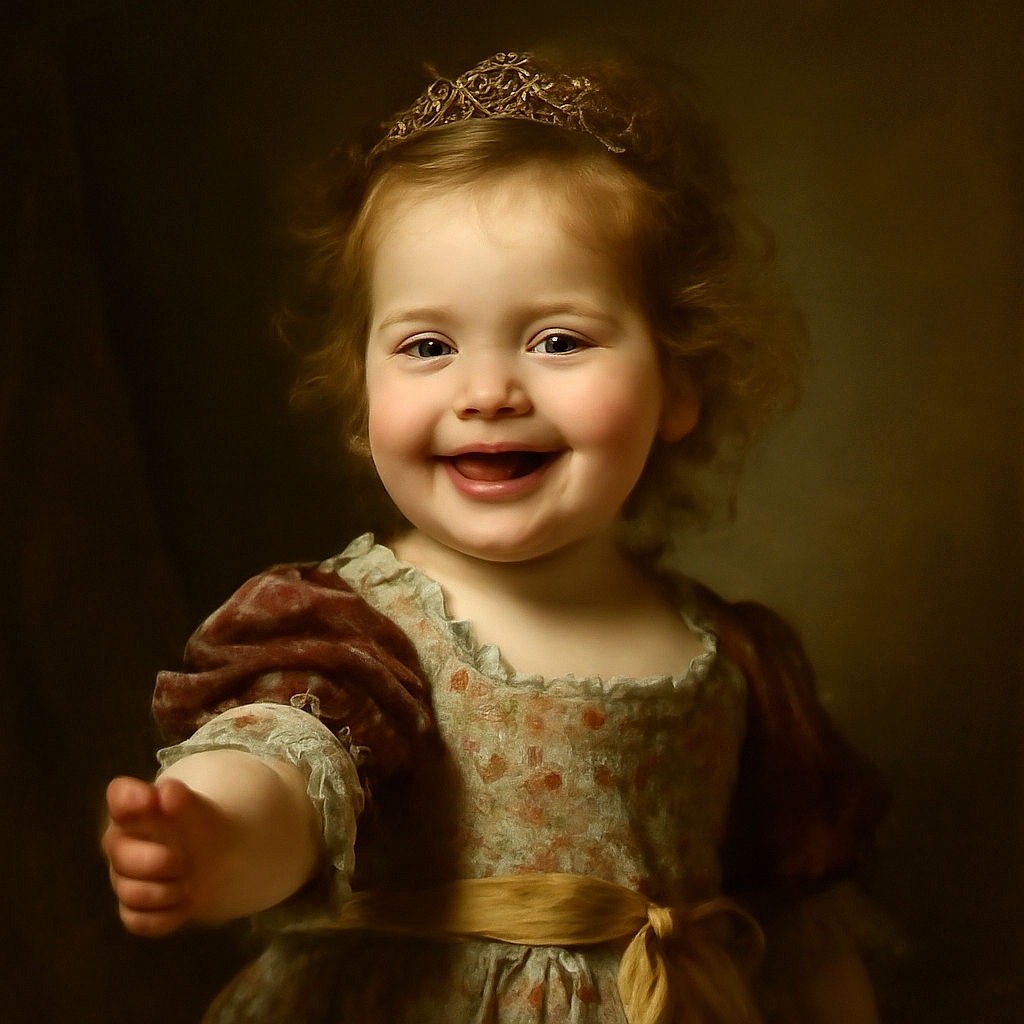 A joyful toddler with curly hair reaches towards the camera with a big smile, capturing a spontaneous and heartwarming moment outside near a blue building.