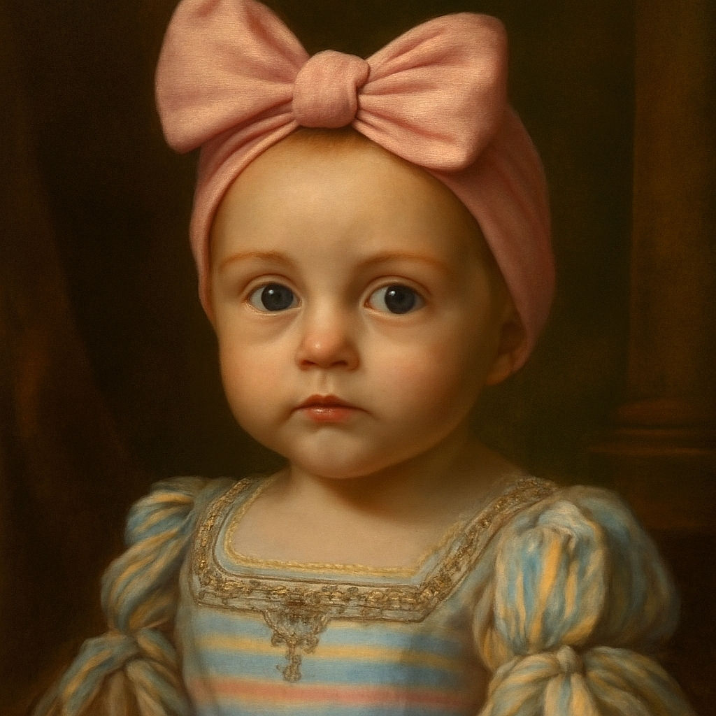 A wide-eyed baby with a giant pink bow on her head stares curiously at the camera, dressed in a pastel-striped outfit and lying on a colorful floral blanket, radiating pure innocence and charm.