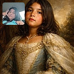 A young child with long dark hair wearing a blue tank top is sitting in a car seat, looking calmly at the camera while making a peace sign with their left hand. The background shows the inside of the car with a window letting in daylight.