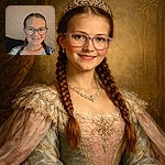 A cheerful young girl with braided hair and large glasses smiles warmly at the camera while sitting on a dark couch against a textured beige wall, capturing a cozy, casual moment indoors.
