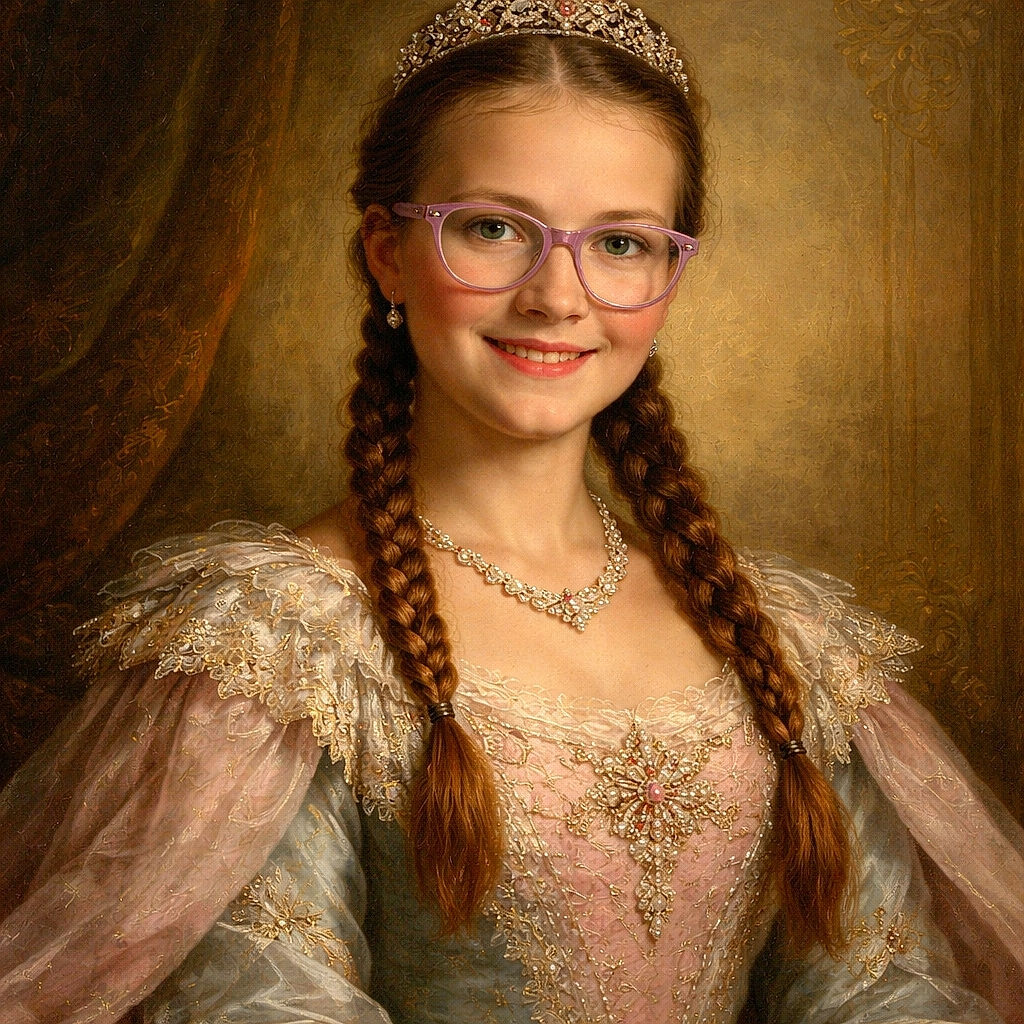 A cheerful young girl with braided hair and large glasses smiles warmly at the camera while sitting on a dark couch against a textured beige wall, capturing a cozy, casual moment indoors.