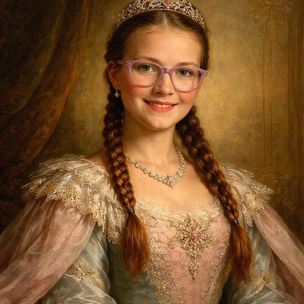 A cheerful young girl with braided hair and large glasses smiles warmly at the camera while sitting on a dark couch against a textured beige wall, capturing a cozy, casual moment indoors.