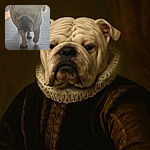 A slightly hazy photo of a bulldog walking on a stone floor indoors, with bright sunlight streaming in from outside, casting a shadow in front of the dog.