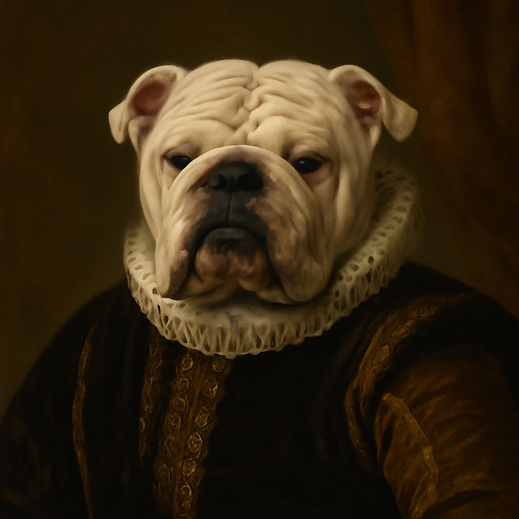 A slightly hazy photo of a bulldog walking on a stone floor indoors, with bright sunlight streaming in from outside, casting a shadow in front of the dog.