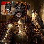 A close-up photo of a curious boxer dog sitting on a wooden floor, looking up with big, expressive eyes and a slightly open mouth, with a shiny metal bowl and a red cabinet in the background.