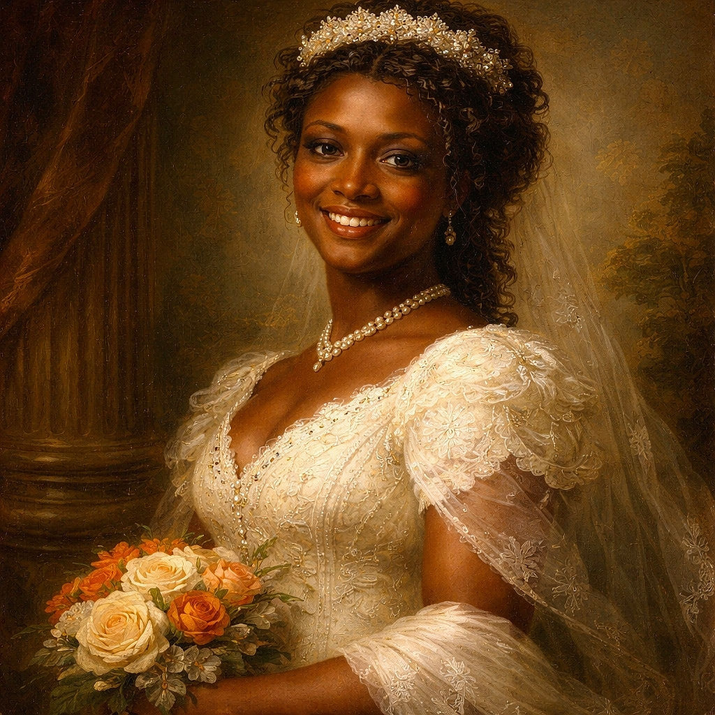 A cheerful, slightly grainy group shot of smiling kids and adults in front of a brick wall — looks like a candid of a printed wedding photo with a woman in white wearing a floral headpiece and a couple of kids beaming like its their red carpet moment.